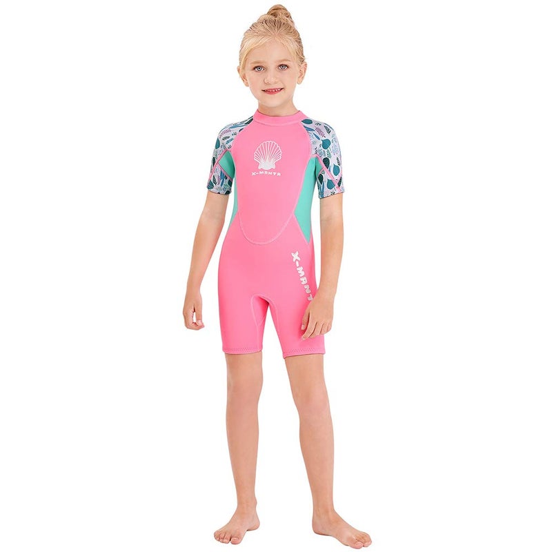 Skyone Wetsuit Kids Shorty Neoprene Thermal Diving Swimsuit 2.5MM for Girls Boys Child Teen Youth Toddler, One Piece Children Rash Guard Swimming Suit UV Protection Sunsuit for Surfing (Girl Pink, L) - Image 1